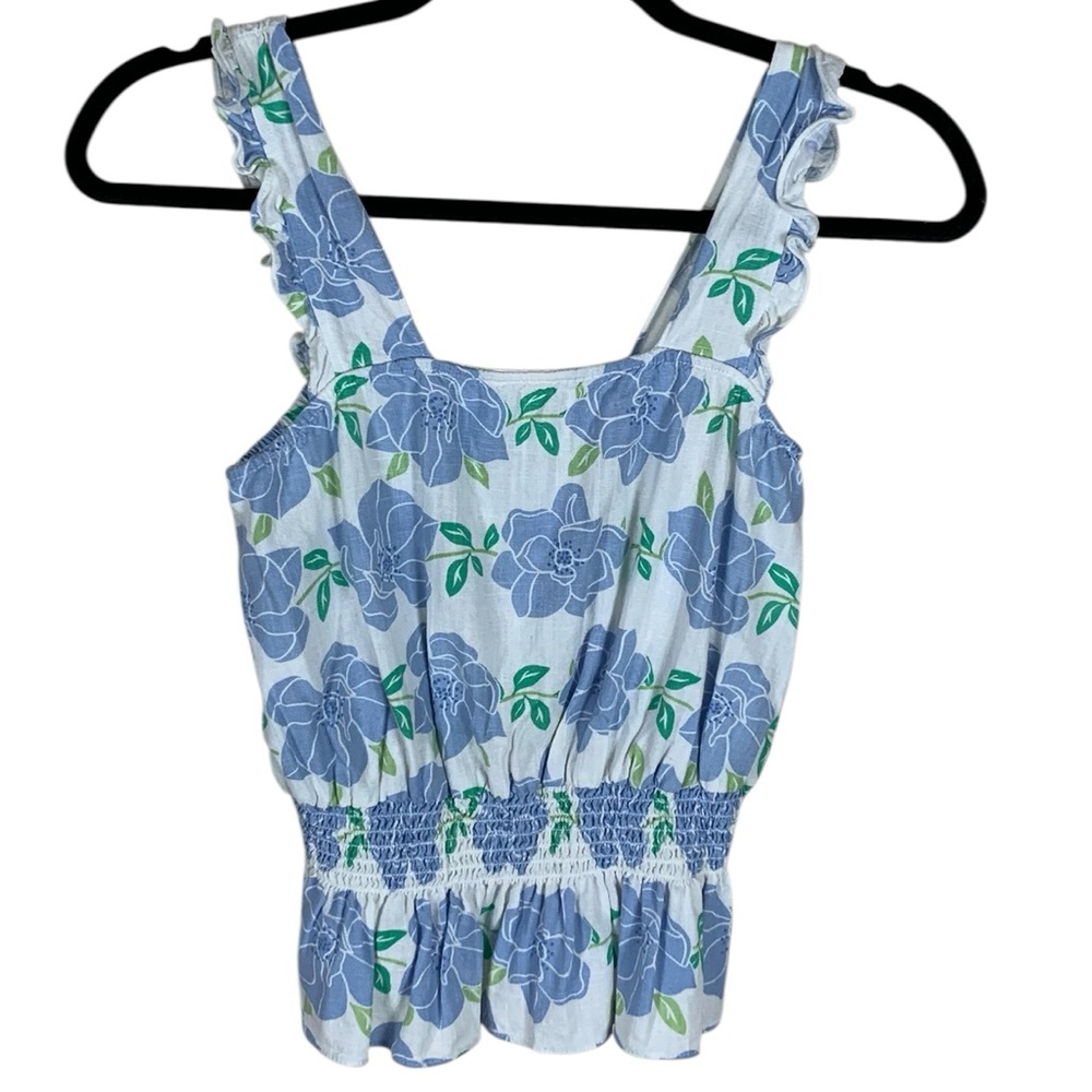 Draper James RSVP White Blue Floral Sleeveless Smocked Peplum Top XS